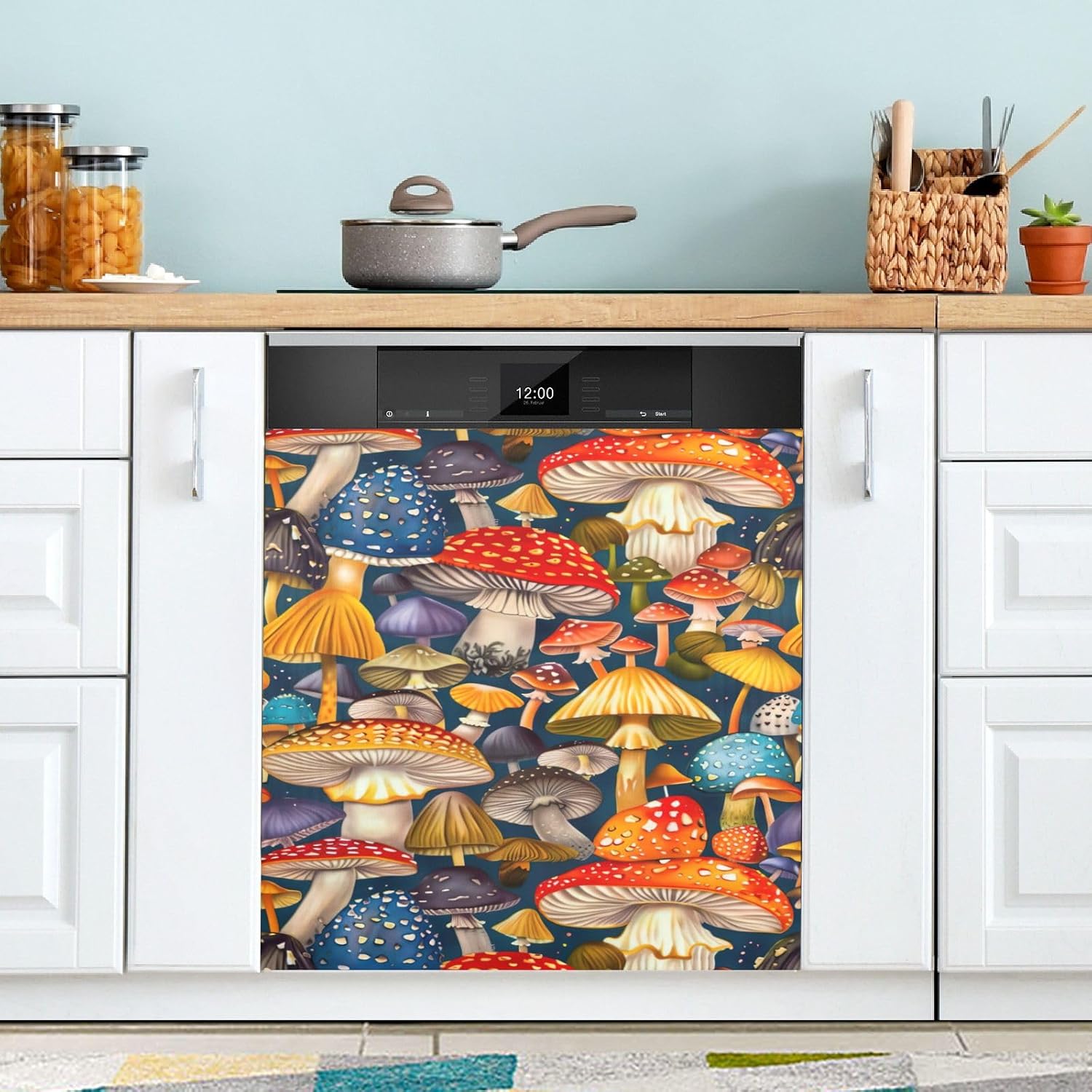 Colorful Mushrooms Dishwasher Magnet Cover, Decorative Magnetic Dishwasher Panel Decal Reusable Magnetic Dish Washer Cover 23 x 26 Inches