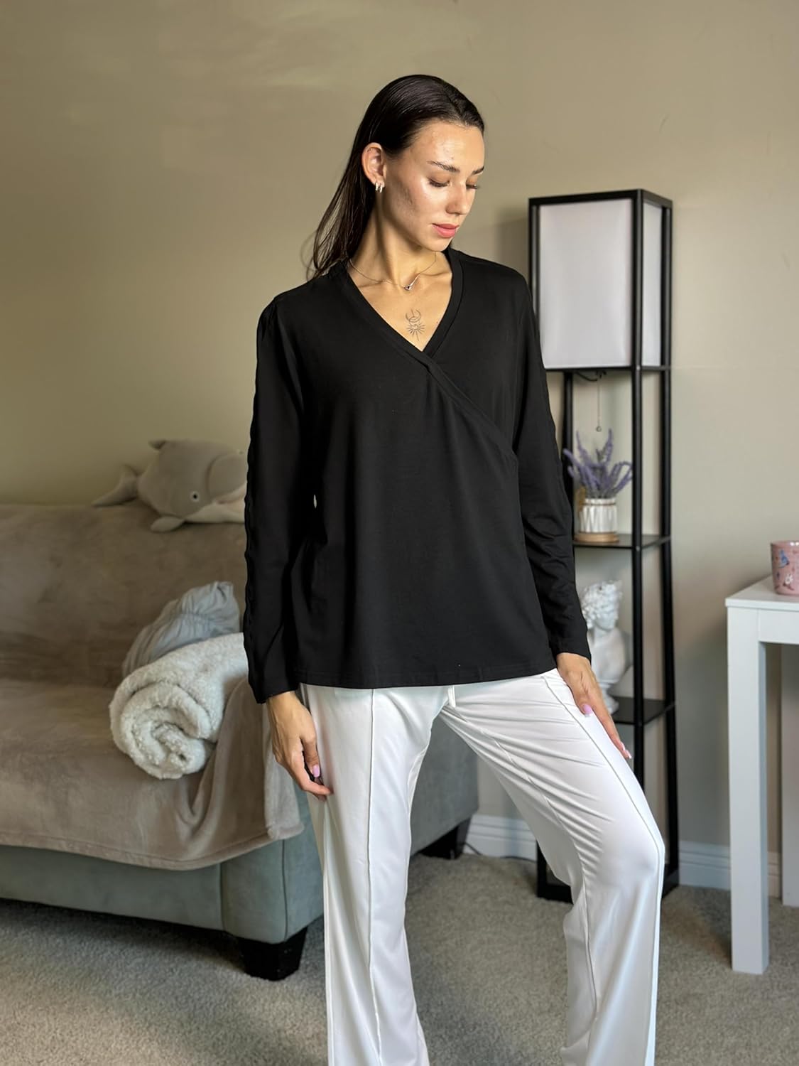 Deyeek Women's Post Shoulder Surgery Shirts Long Sleeve V-Neck Wrap Chemo Blouse Easy Access Adaptive Snap On Dialysis Shirts - Image 3