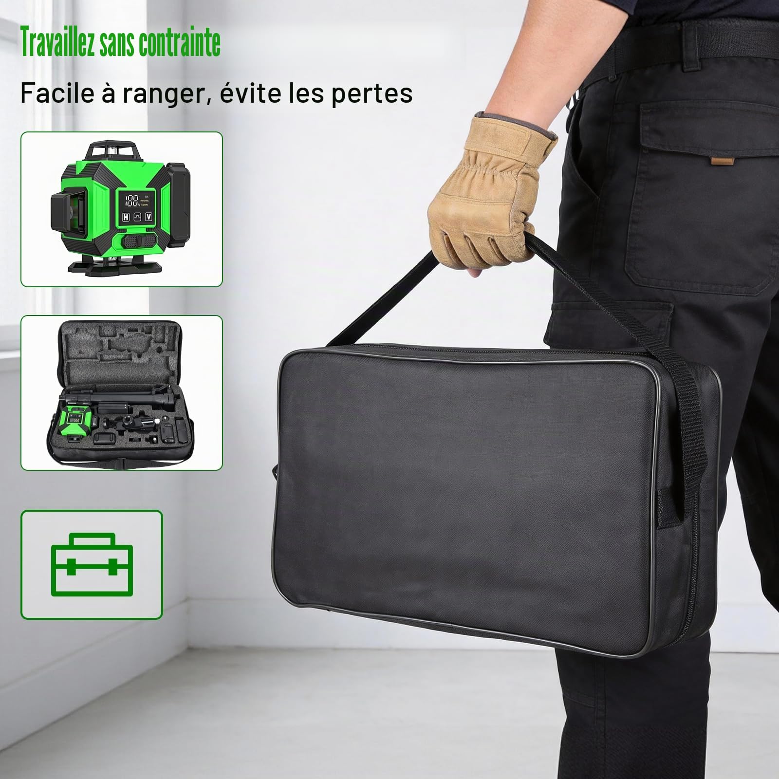 Niveau Laser avec Trepied 4 x 360°, Laser Chantier 4D 16 Lignes | 2xBatterie 3600mAh, Nivellement Automatique avec Support Mural, Support Rotatif, Télécommande, IP54 Étanche et Anti-Poussière
