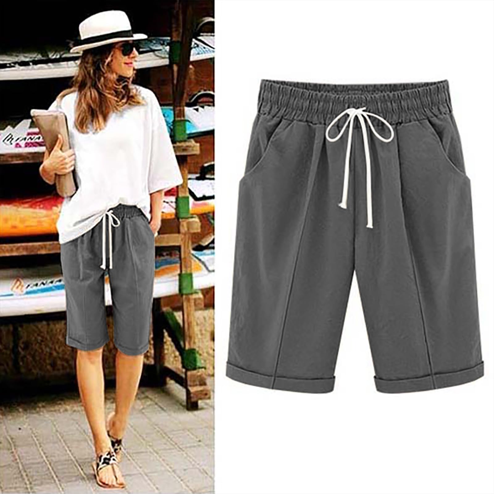 Straight Leg Shorts for Women Cotton Linen Drawstring Elastic Waist Short Pants Casual Leisure Comfy Bermuda Shorts(#01 Gray,XX-Large)