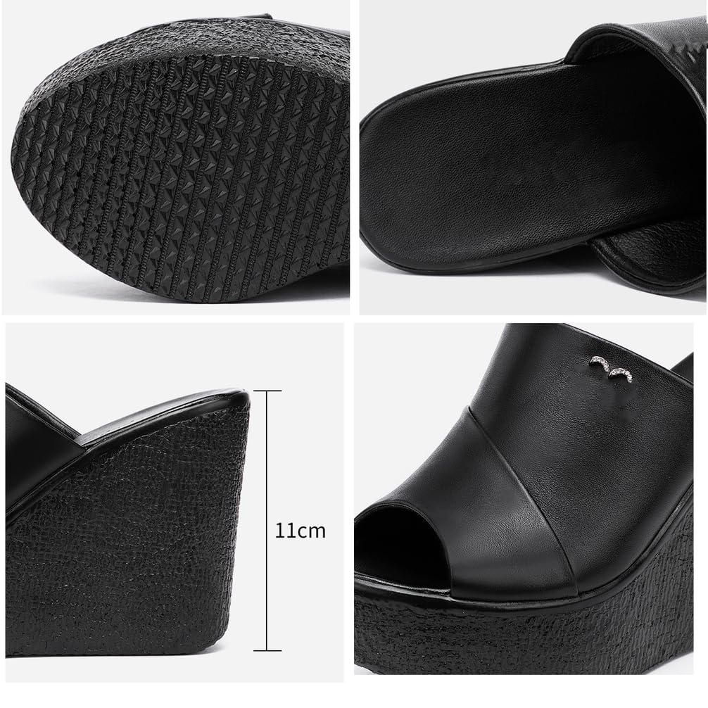 Sandalias de Cuña con Plataforma para Mujer, Negro, Cuero, Peep Toe, Tacón Alto 11cm, Mule Estilo Casual
