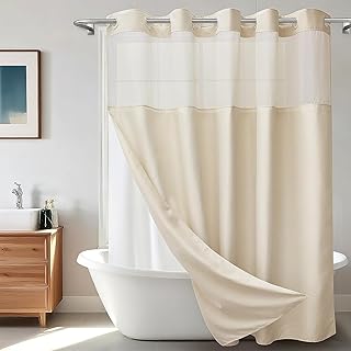 No Hook Shower Curtain with Snap in Liner, Polyester Textured Shower Curtain with Liner Set, Waterproof Washable Hotel Style Shower Curtains for Bathroom, 71Wx74H, Cream