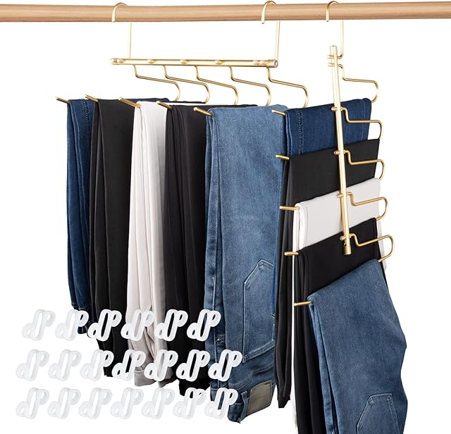 Foldable Trouser Hangers Space Saving, 5 in 1 Non Slip Multi Functional Pants Rack, Magical Clothes Hanger for Trousers Jeans Clothes Scarves Towels with 20 Connector Hooks (2pcs Gold)