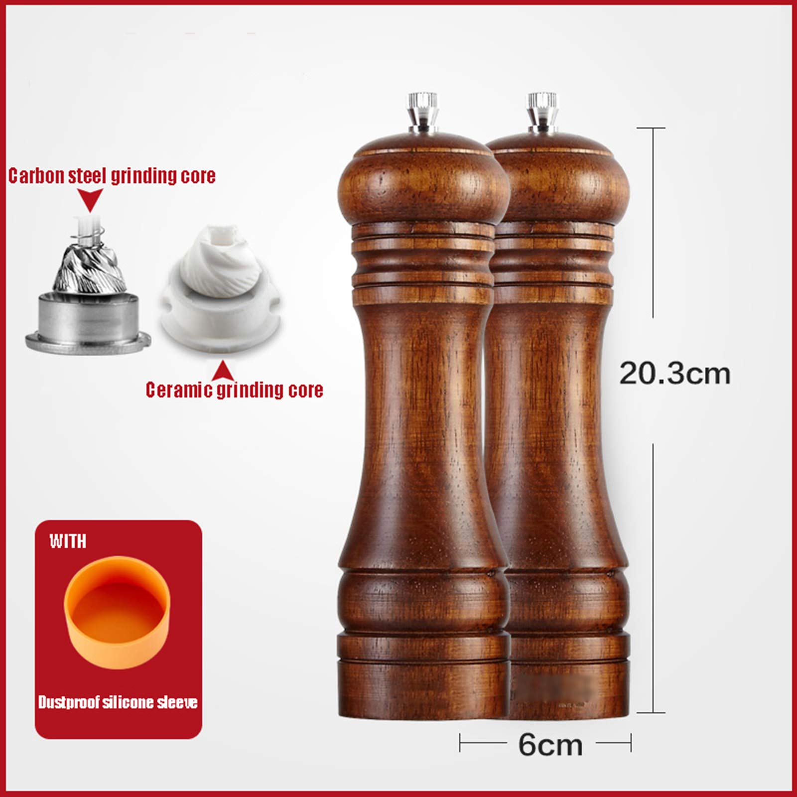 Zestaw młynków do soli i pieprzu, drewniane młynki do soli i pieprzu, ceramiczne i ze stali węglowej rdzenie mielące odpowiednio do soli i pieprzu, 2 sztuki