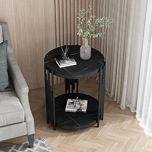 Miniatura 10 de Mesa auxiliar redonda moderna con parte superior de mármol sintético y marco de metal, mesa auxiliar de 2 niveles para sala de estar, dormitorio,