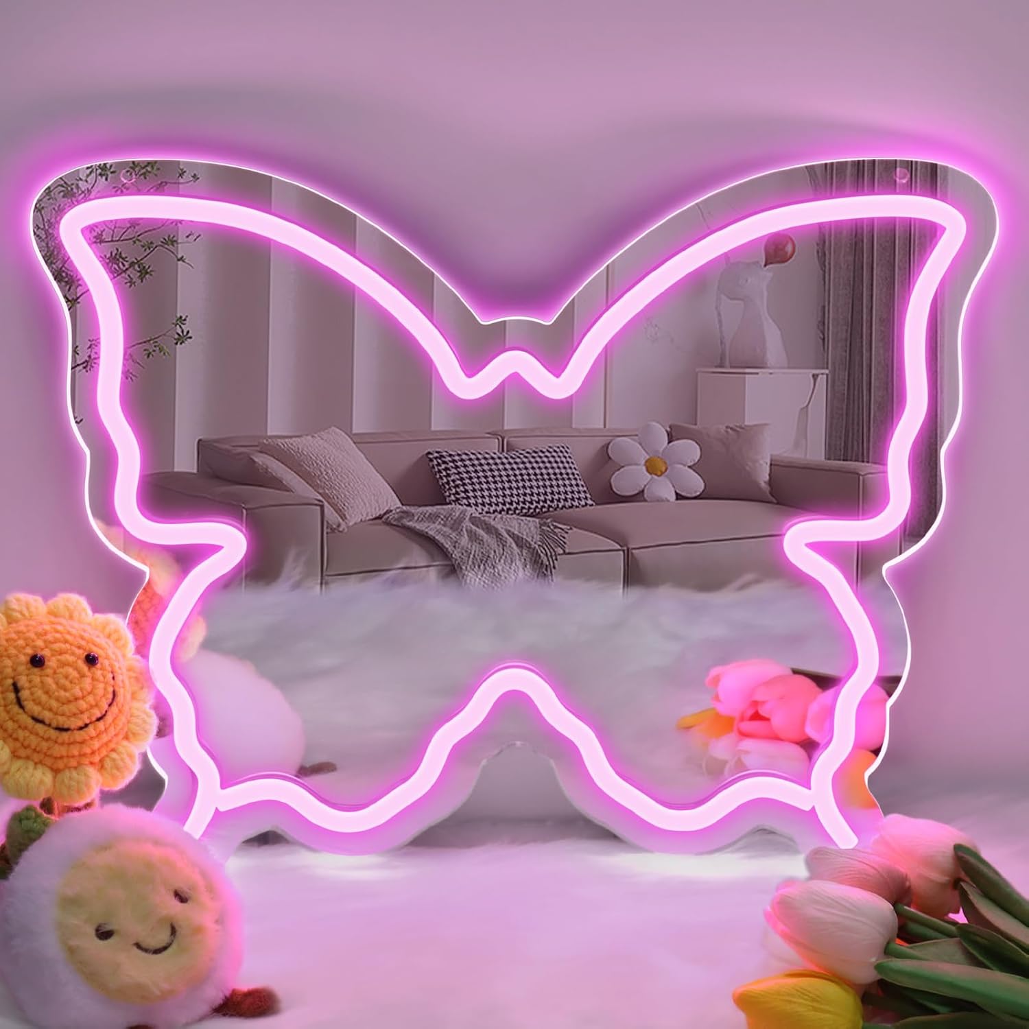 Butterfly Neon Sign Mirror, LED Neon Signs for Wall Decor, 15.7'' x 12'' Dimmable Neon Light for Teen Girls & Kids Birthday Party Gift, Neon Sign for Bedroom Decor, Wall Mirror, USB Powered (Purple)