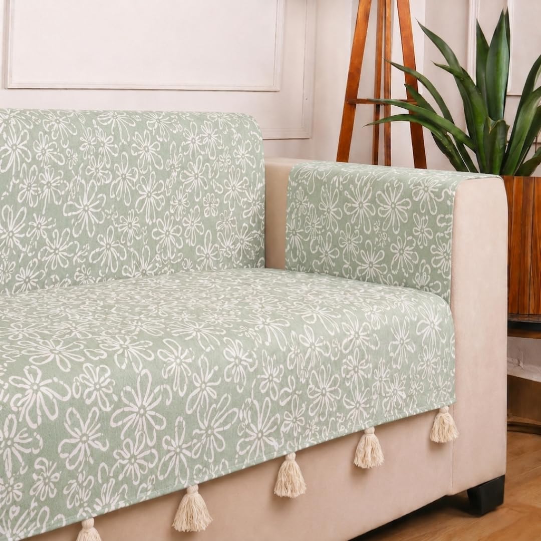 STITCHNEST 'Verdant Phool Stories' 1 Seater Sofa Cover | Full Coverage with Armrest Pockets | Elegant Jacquard Fabric, Decorative Tassels, Washable & Durable for Modern Living