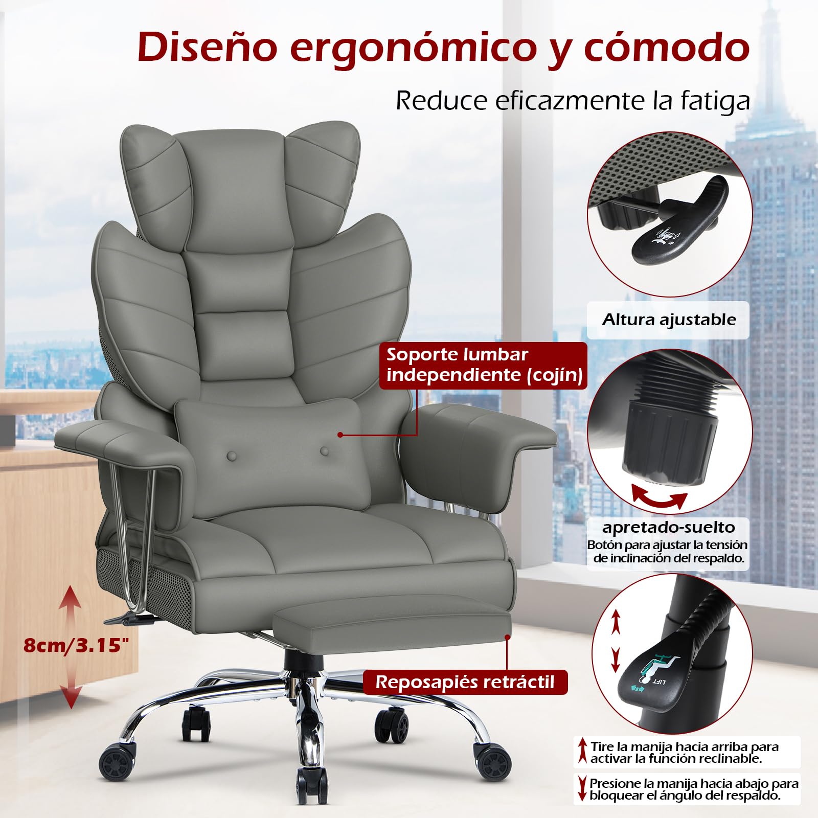 Racingreat Silla de Escritorio ergonómica con reposapiés Extensible,Silla de Oficina Ajustable en Altura,Respaldo Blando Grande,Apoyo Lumbar Individual,Silla de Oficina en Cuero de PU,Gris