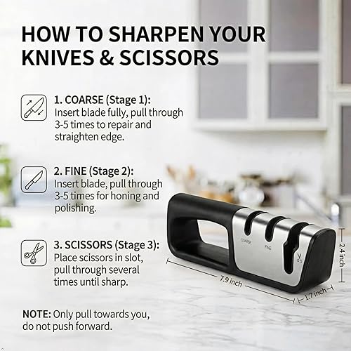 Miniatura 6 de Afilador de cuchillos de 3 etapas para cuchillos de cocina, afilador profesional con ranuras gruesas, finas y para tijeras, abrasivos de diamante,