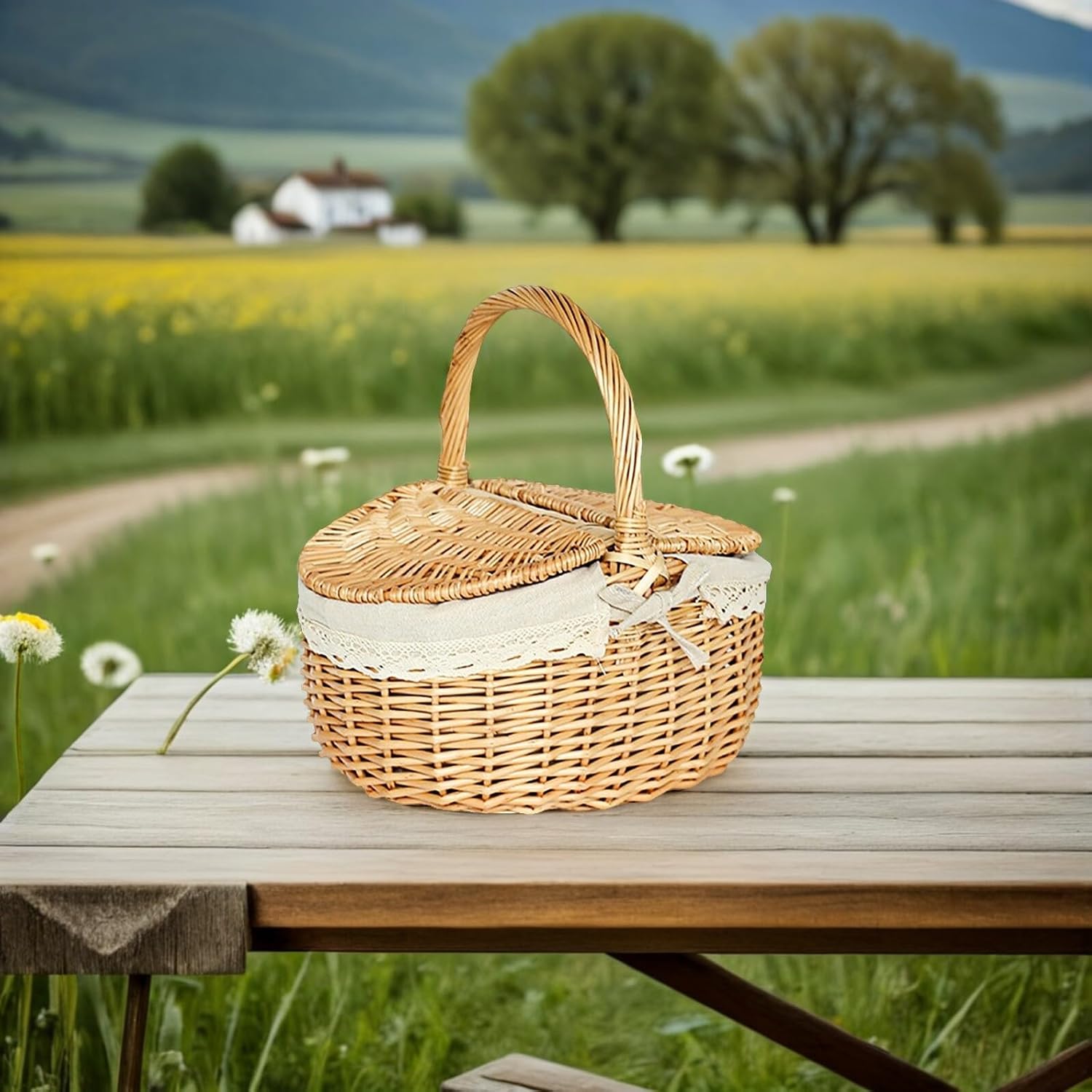 Woven Hand-Made Picnic Basket with Lid Large Rattan Storage Basket for Outdoor Food and Vegetable Carrying, Household Fruit Container, 35x24x17cm