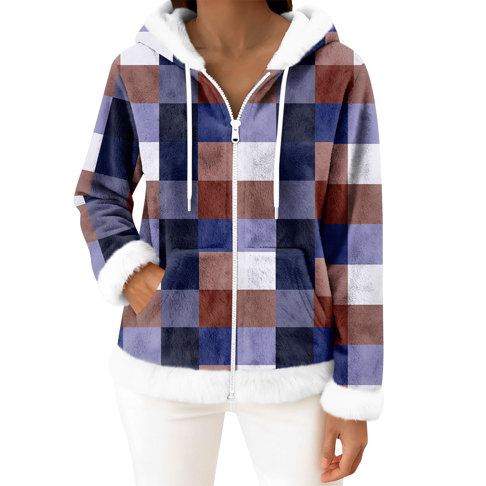 Generisch Winterjacke Damen Warm Teddyjacke Mit Kapuze Wintermantel Kariert