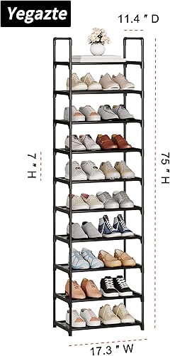 Miniatura 3 de Zapatero grande de 10 niveles, 20-25 pares de estantes resistentes para zapatos, soporte alto para zapatos de entrada, pasillo y armario (negro)