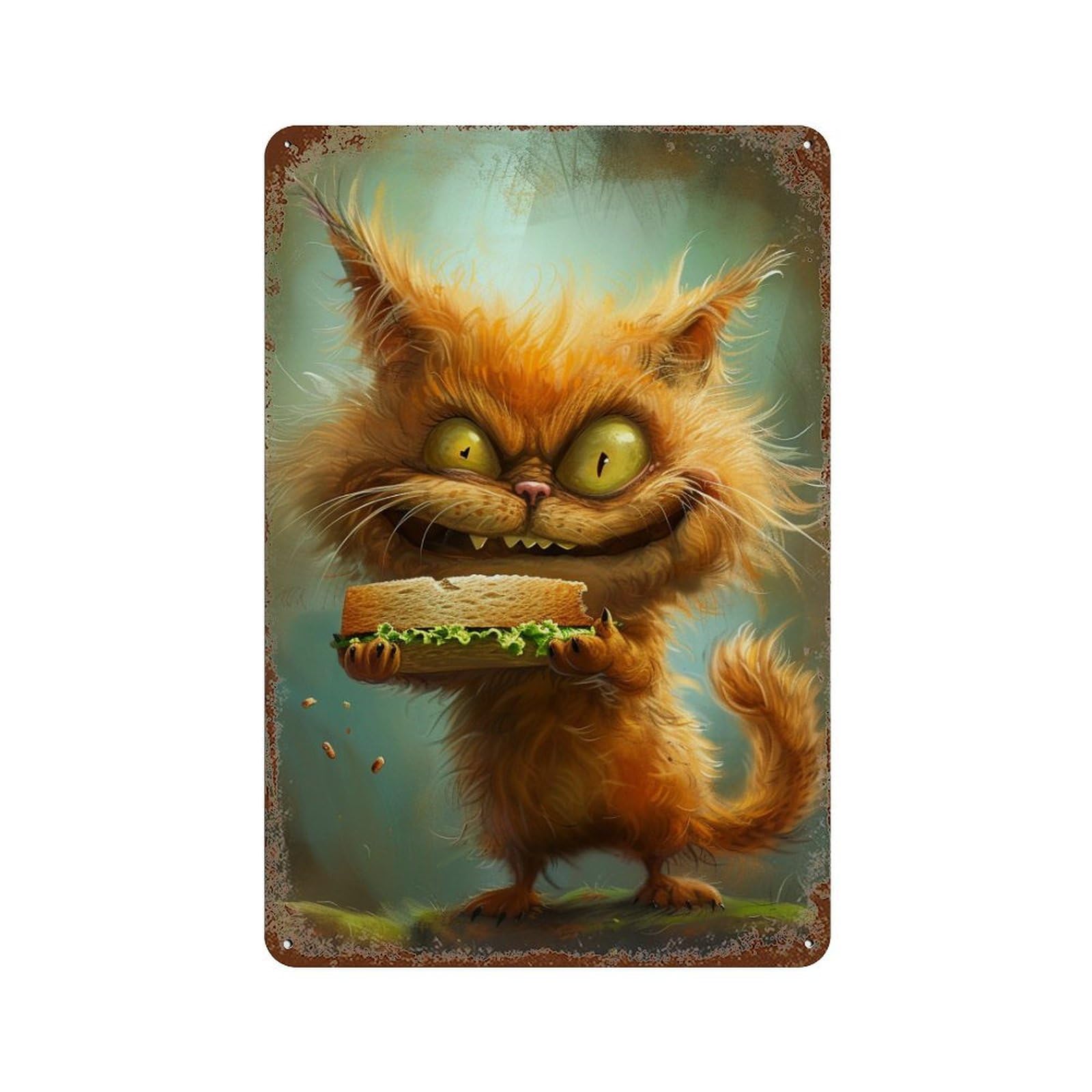 Grumpy Cat with Sandwich Decorative Tin Sign 11.8"x7.9", for Garage, Bar And Workshop Decor, Novelty Wall Decor