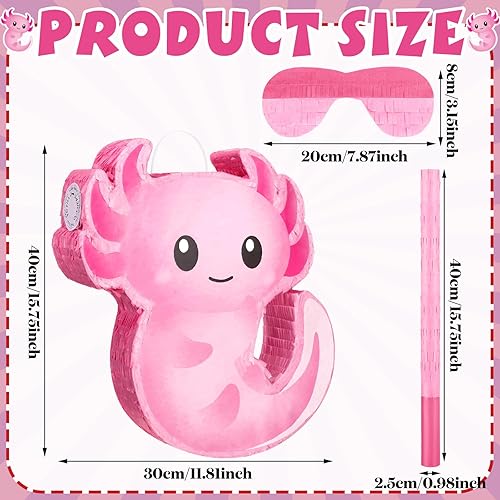 Miniatura 3 de Leyndo Piñata de ajolote rosa para fiesta de cumpleaños, piñata rosa con palo, confeti para adultos, regalo de decoración de fiesta de Halloween,