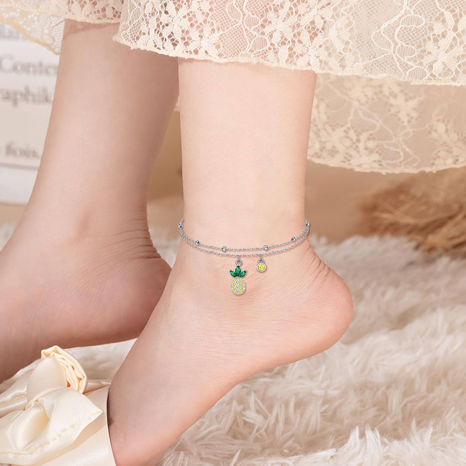 VONALA Cavigliera a forma di ananas da donna, in argento Sterling, con zirconi e ananas, ideale come regalo per donne e ragazze