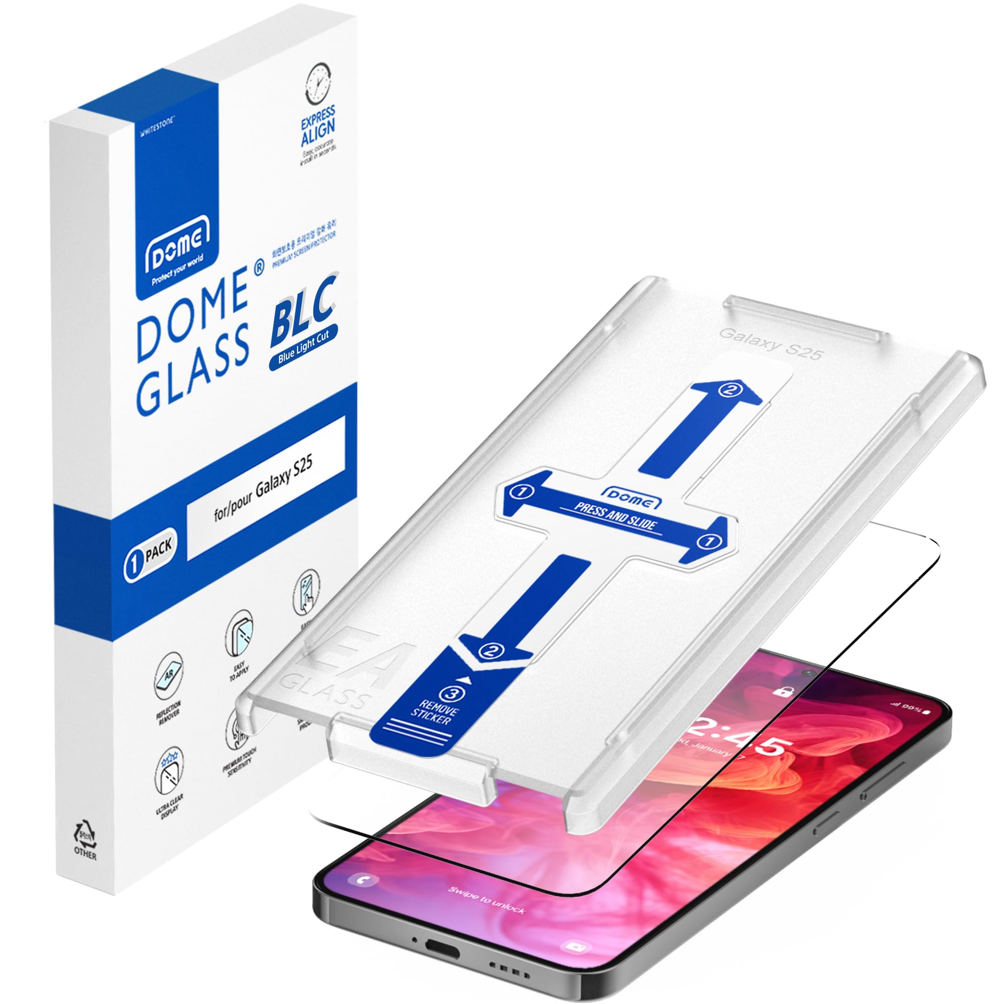DOME GLASS Whitestone DOME BLC for Samsung Galaxy S25 [Blue Light Cut] Tempered Glass Screen Protector with Blue Light Protection [1pack]
