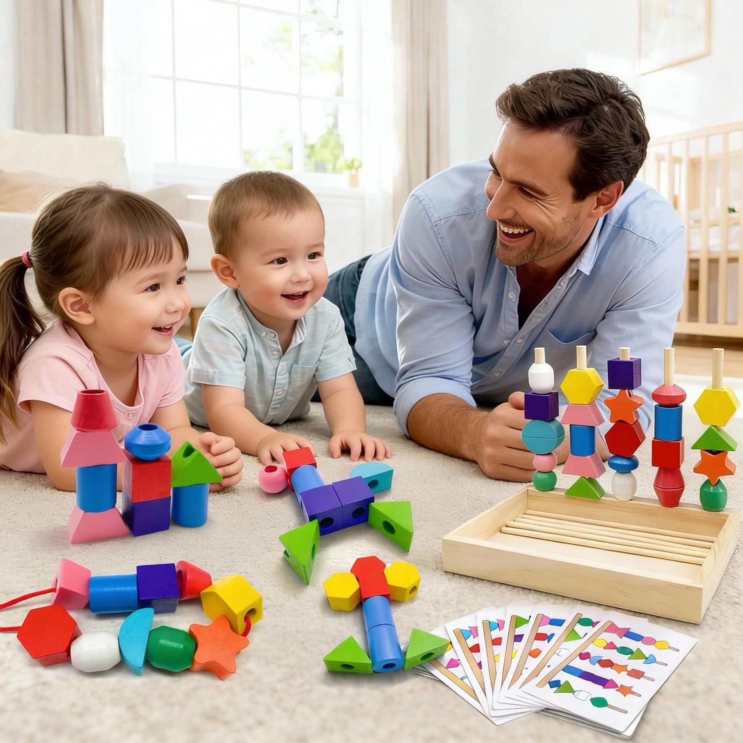 Yeefunjoy Montessori Drewniane zabawki dla dzieci w wieku 2, 3 i 4 lat, drewniane koraliki do nawlekania, klocki do układania, podróżna gra edukacyjna dla małych dzieci, prezent dla przedszkolaków