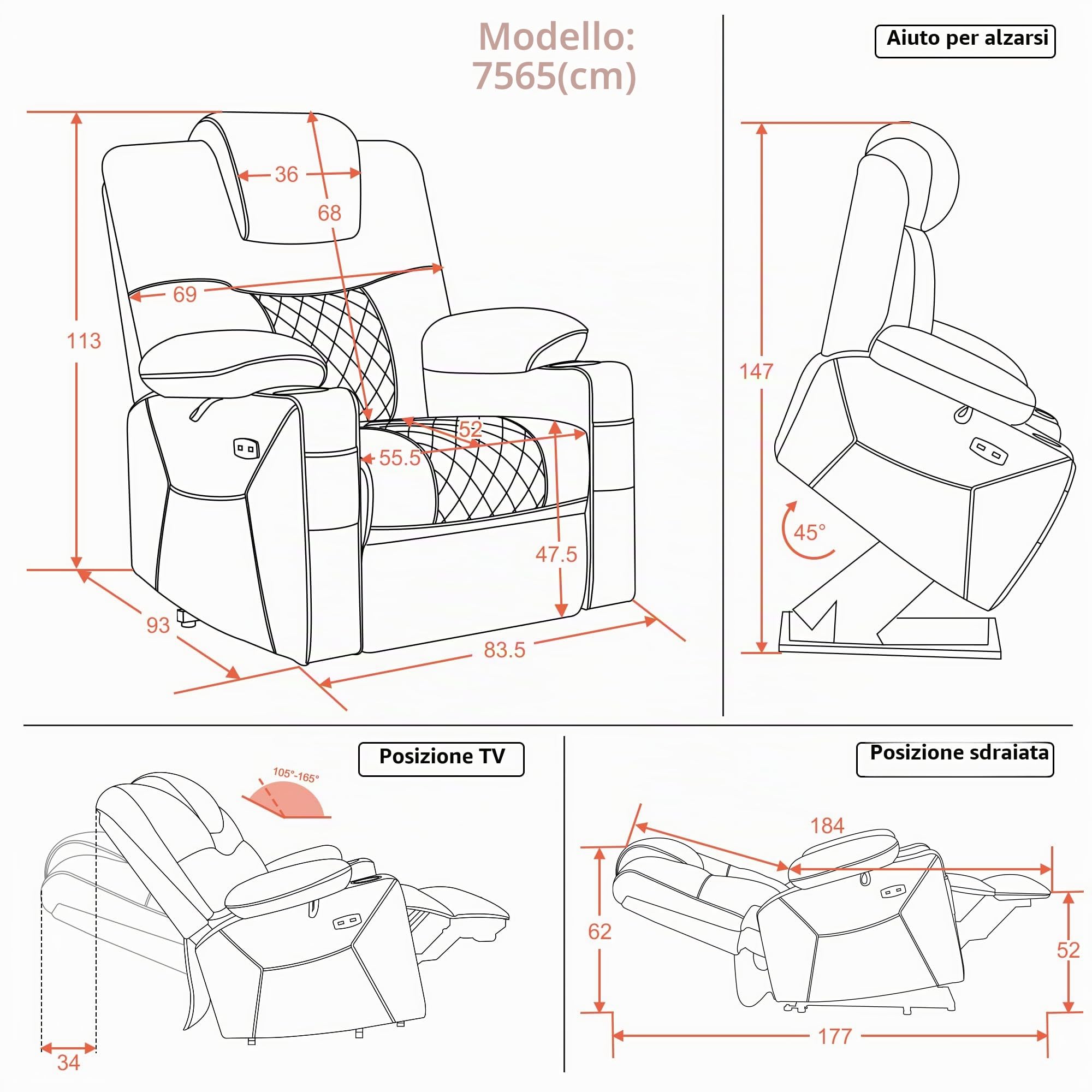 M MCombo Poltrona TV con ausilio stand-up elettrica, poltrona reclinabile con funzione di reclinazione, poltrona massaggiante con funzione di riscaldamento, microfibra, 7565 (grigio scuro)