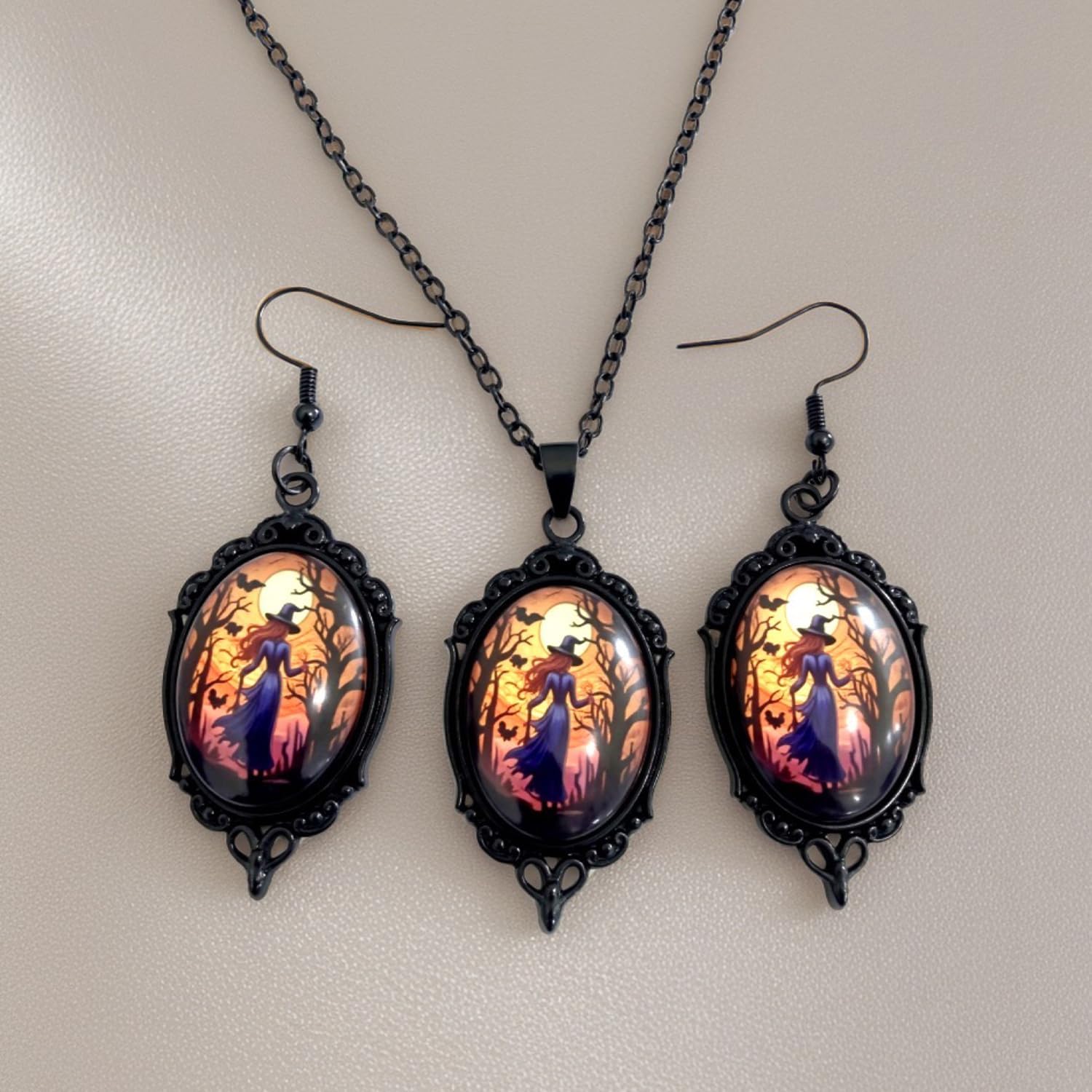 Halloween Gothic Alloy Crystal Witch Necklace Earrings Set Punk Mystery Witch Goth Devil Earrings for Women - Image 6