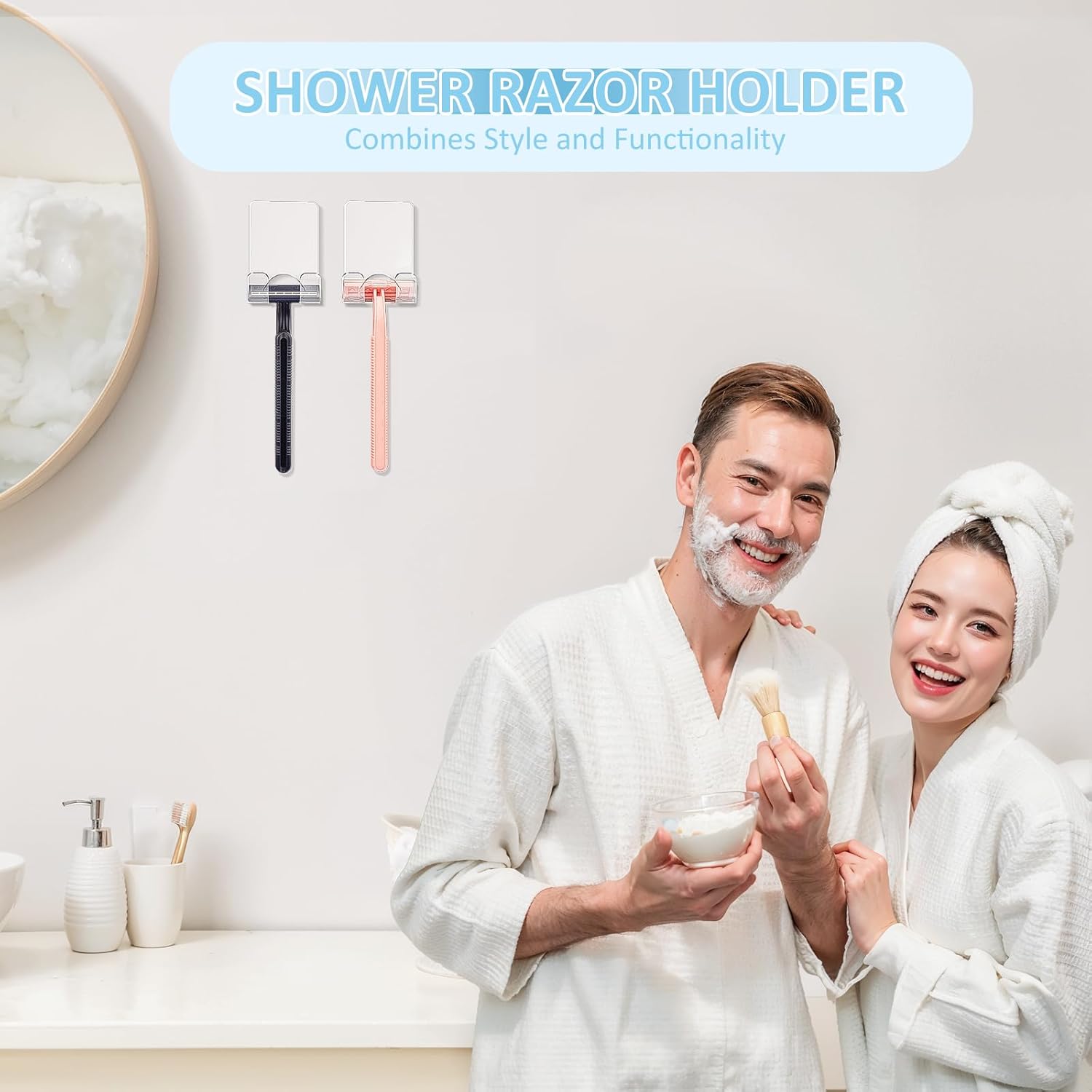 VIS'V Shower Wall Razor Holder, Acrylic Adhesive Razor Hooks for His and Hers, Waterproof, Clear, 2 Pcs