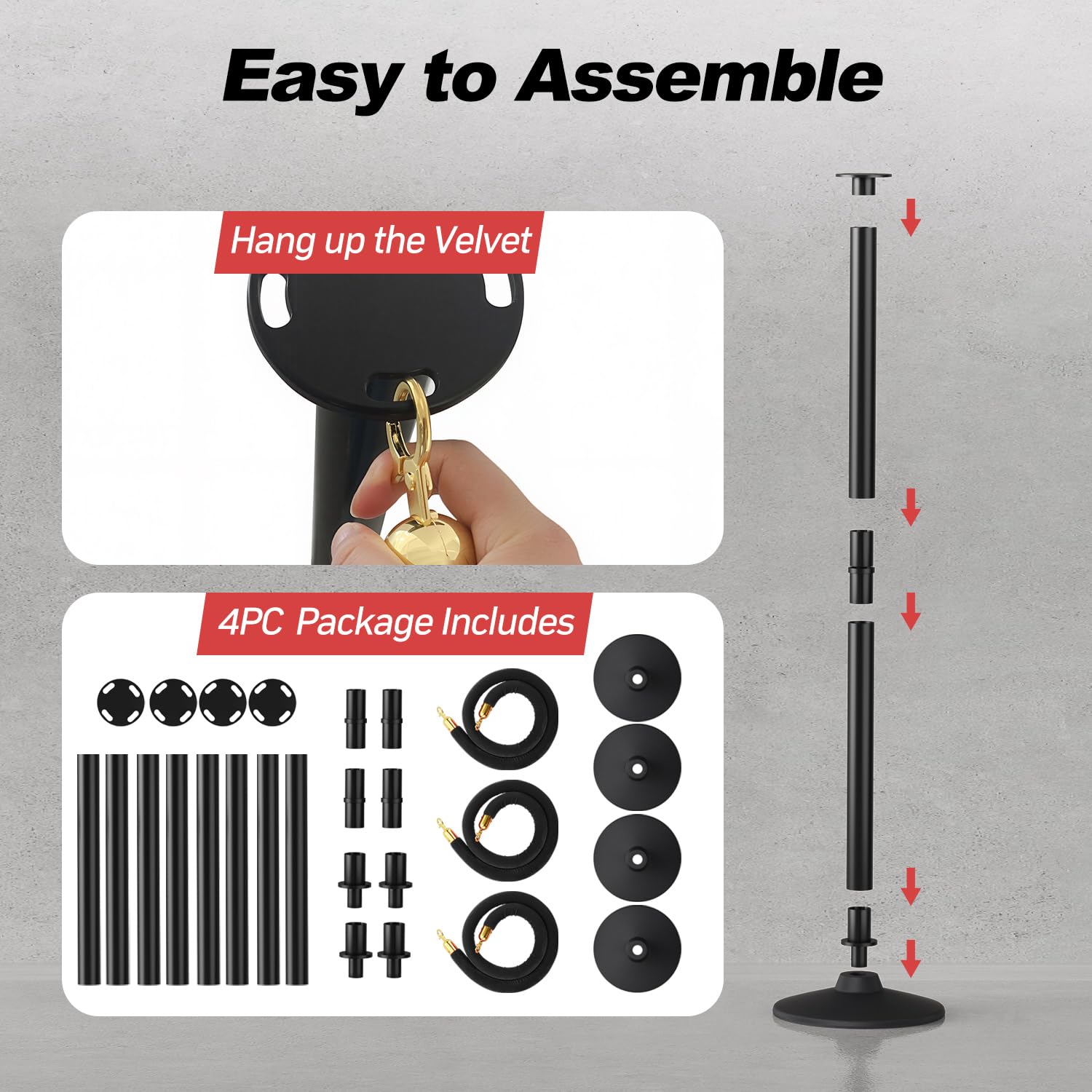 BATTIFE Plastic Stanchion Posts with Three Black Velvet Ropes and Weighted Rubber-Plastic Base, Crowd Control and Queue Management Barrier Poles for Party, Event, Red Carpet (4 Pack)