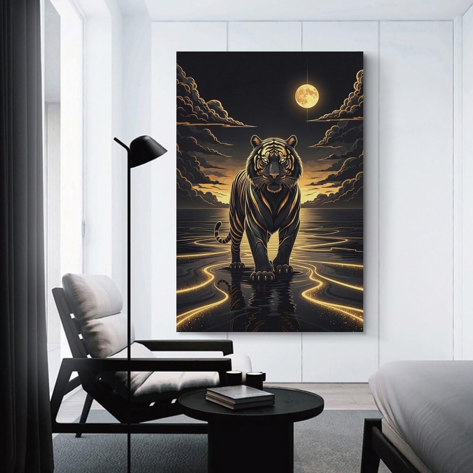 Junmoney Golden Tiger in Moonlit Water Canvas Art Print, 12x18inch(30x45cm), for Living Room, Bedroom, Office Or Hallway, Decorative Artwork with Broad Appeal