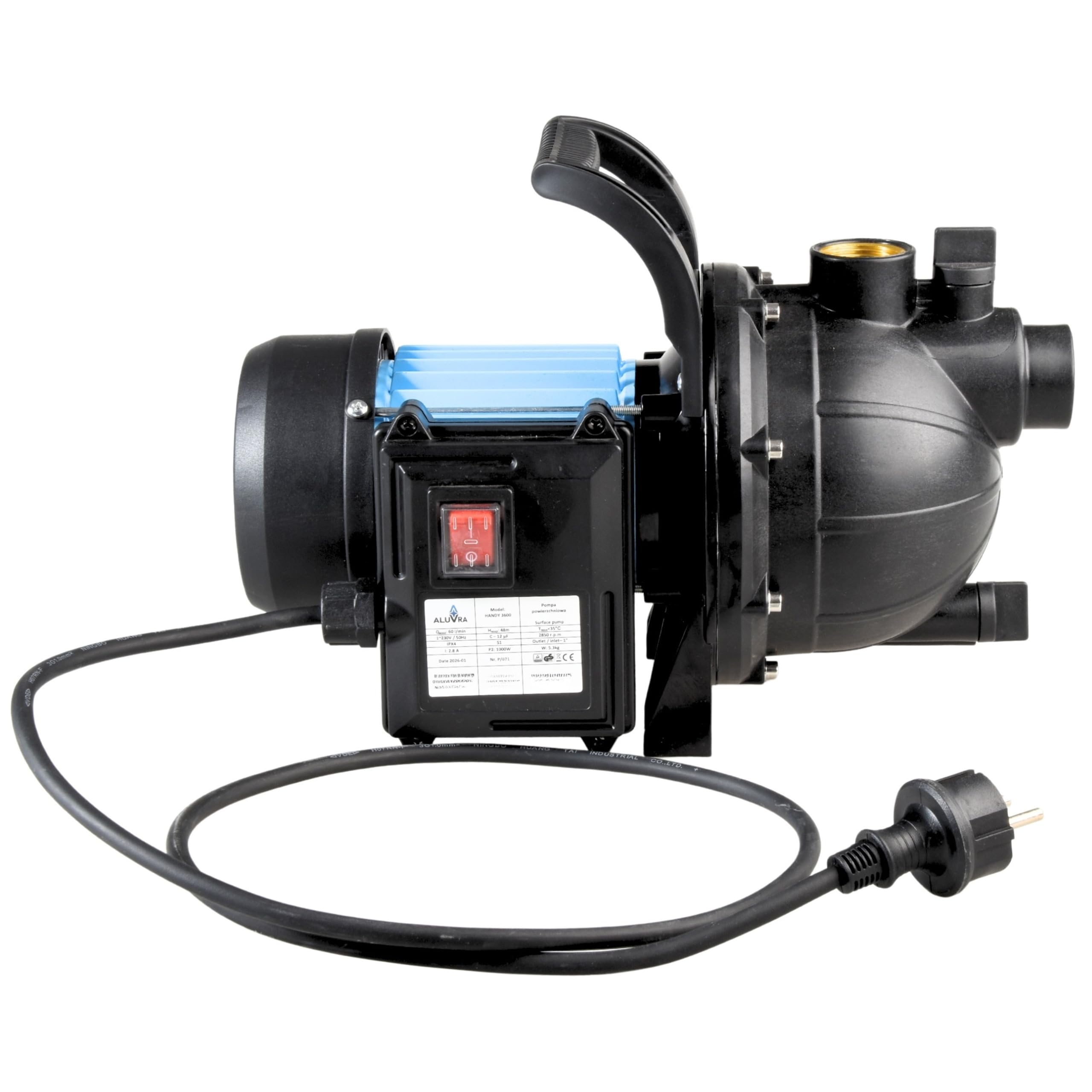 Gartenpumpe HANDY 3600 (1000 W, 3600 l/h, 48 m Förderhöhe) - selbstansaugende Wasserpumpe mit Tragegriff - Wassereinfüllschraube, Wasserablassschraube - Hauswasserwerk, Teichpumpe, Gartenbewässerung