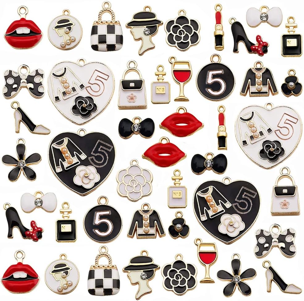 46pcs Charms for Jewelry Making, Kalolary Assorted Plated Enamel Women Makeup Pendant Lipstick Perfume Fashion Style Charm for DIY Necklace Bracelet Earring Crafting for Valentine's Day Gift