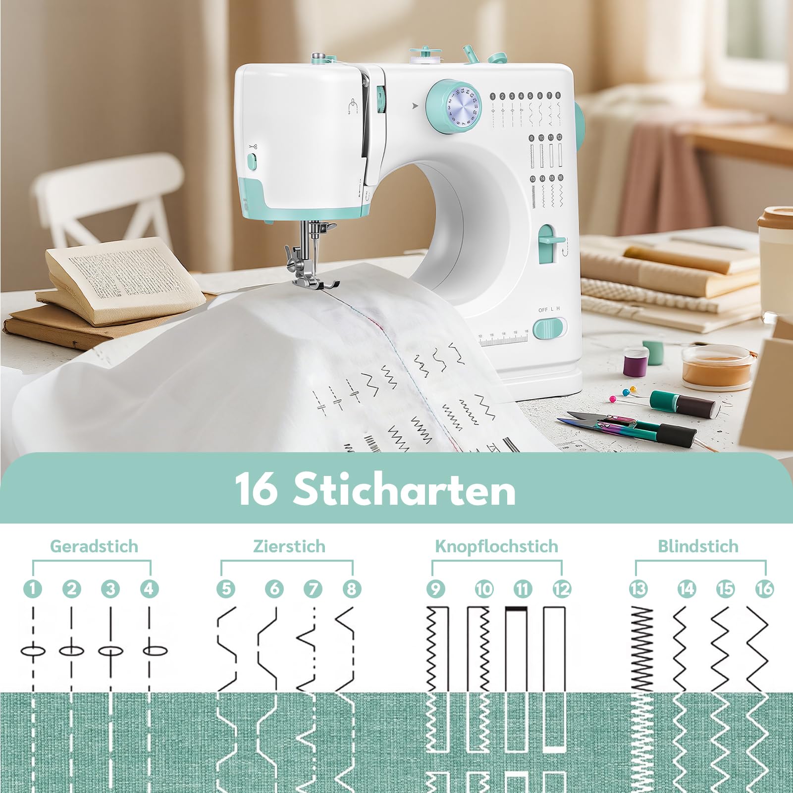Máquina de coser para principiantes con 16 programas de puntada, máquina de coser de doble aguja de doble hilo, máquina de coser eléctrica con pedal de pie, 2 velocidades, luz LED, mesa de extensión y