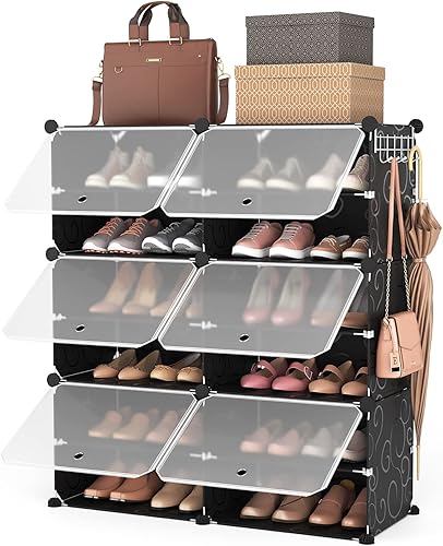 ROJASOP Organizador de zapatos expandible de 6 niveles con 2 ganchos, 24 pares, color negro