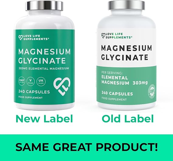 Magnesium Glycinate 303mg Elemental Per Serving - 240 Vegan Capsules, Pure Bisglycinate, No Magnesium Oxide or Buffering, Chelated for Sleep & Muscle Cramps, UK Made - Love Life Supplements