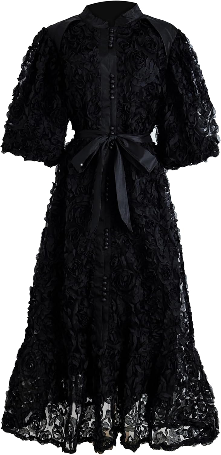 LAI MENG FIVE CATS Women's 3D Floral Puff Sleeves High Neck Buttons Loose Fishtail Hem Maxi Dress