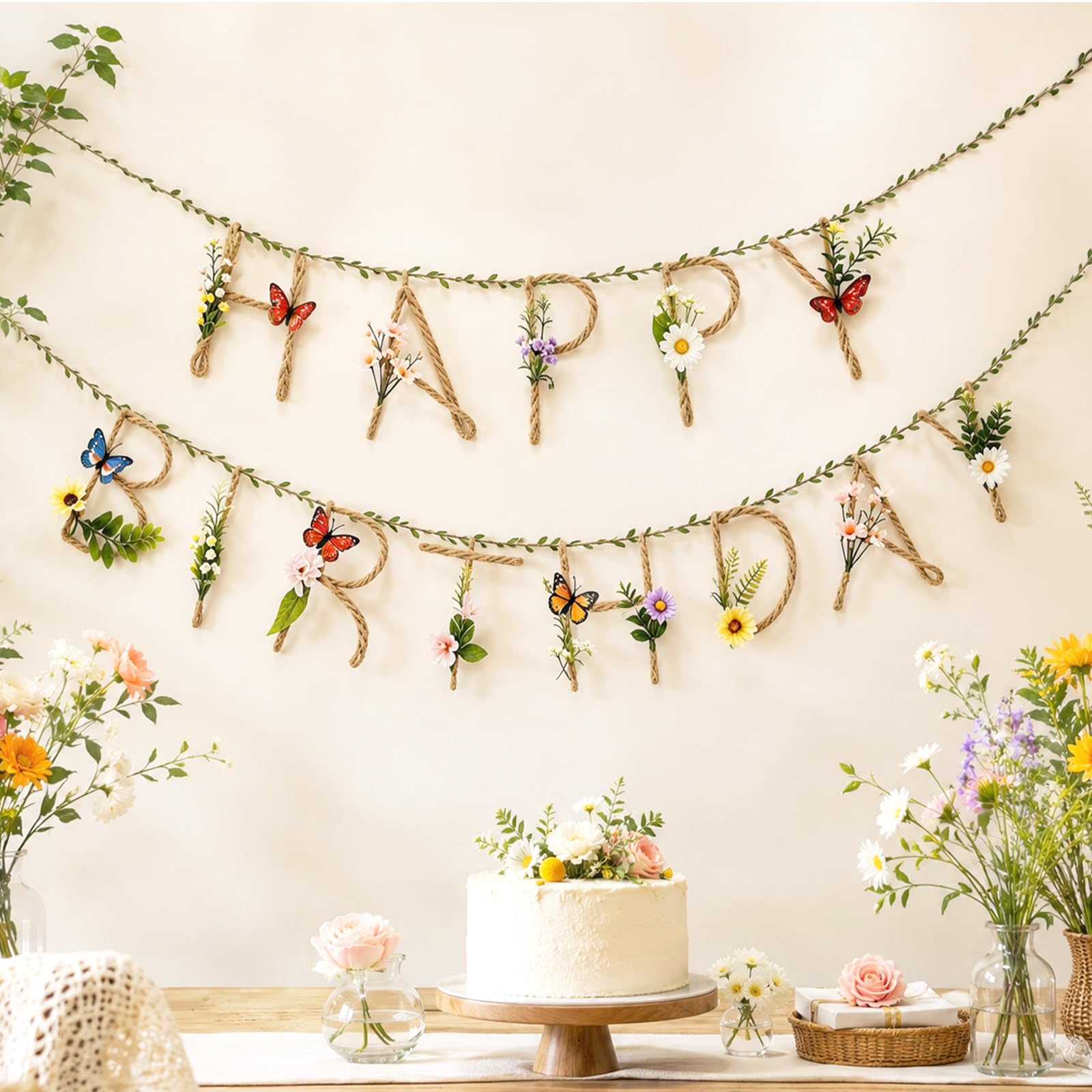 2Pcs Wildflower Birthday Decorations Hemp Rope 3D Butterfly Banner 13.2FT