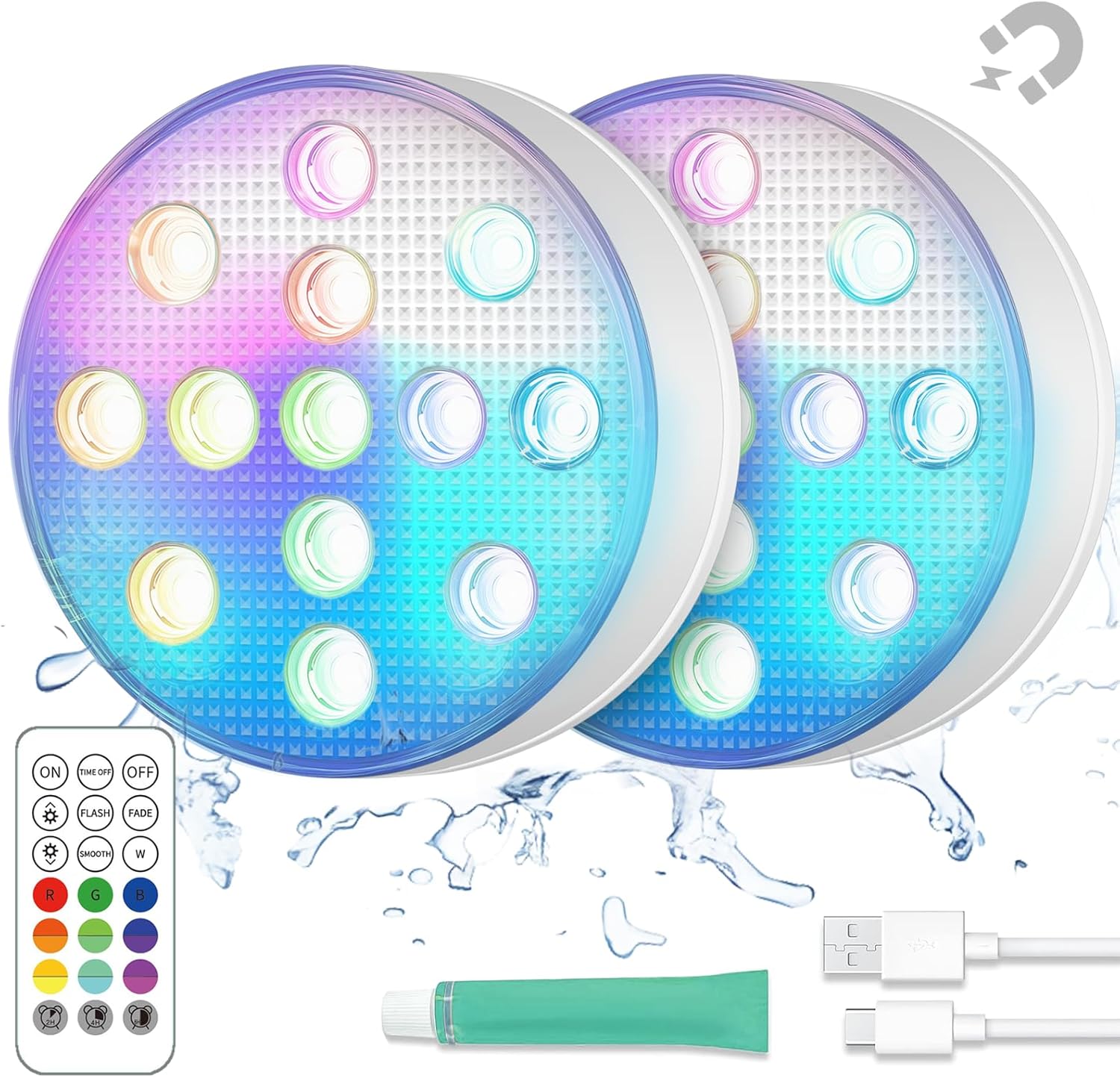 SUNDISC Rechargeable Submersible Pool Lights with Remote, IP68 Waterproof Underwater Charging Battery Operated Controlled 16 Color Changing LED with Magnet Floating Lights 2 Packs