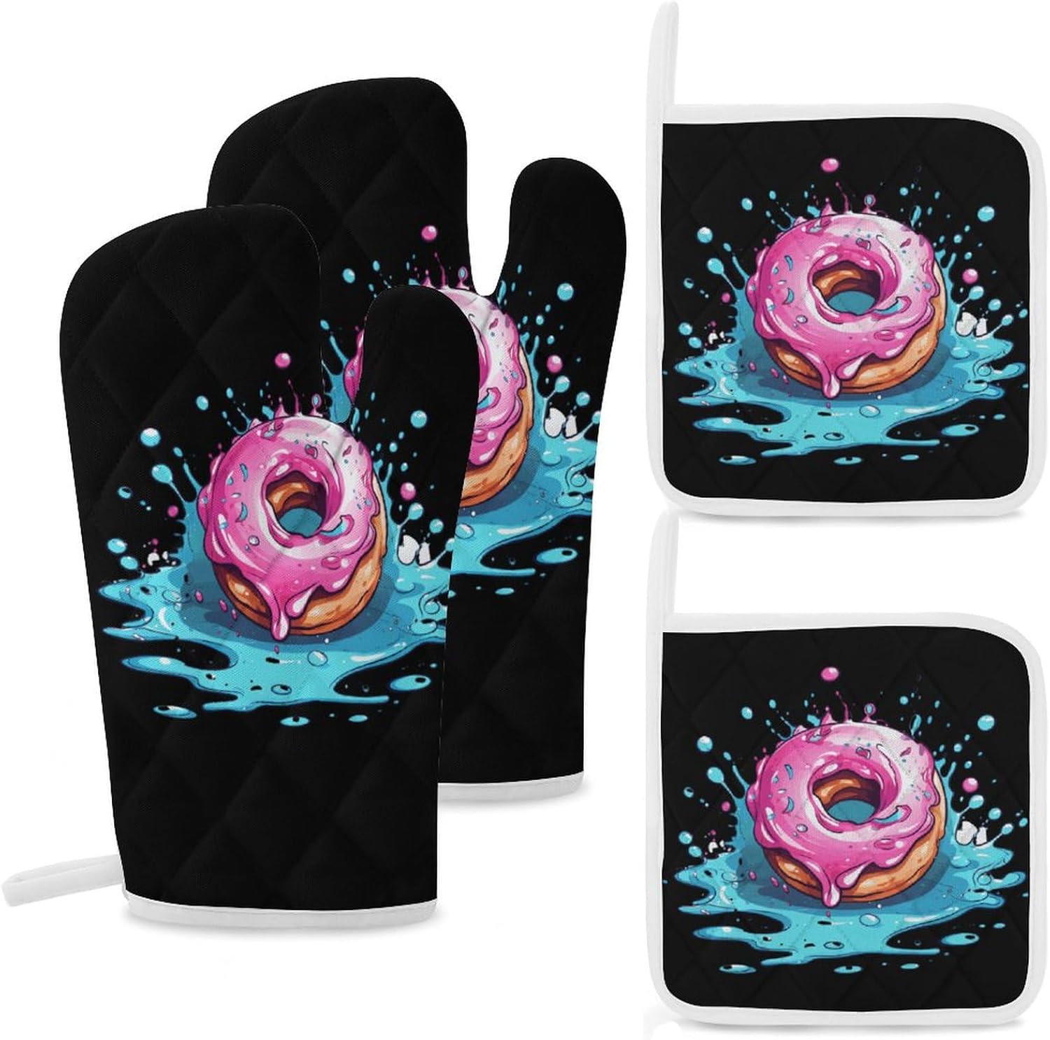 Doughnutes 4 Pcs Oven Mitts and Pot Holders Set High Heat Resistant Long Kitchen Oven Glove Potholders