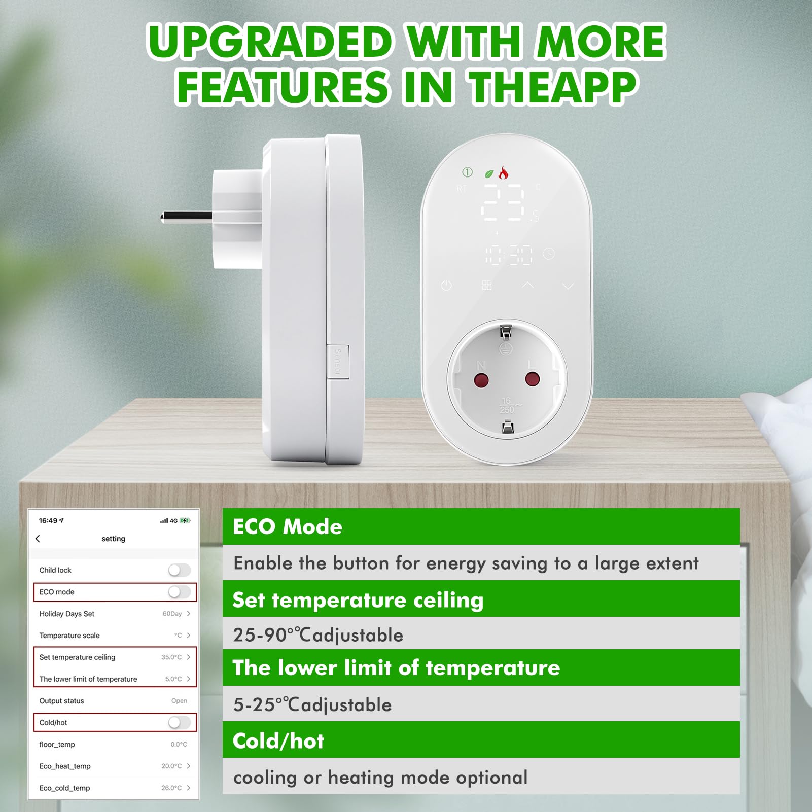 Jadeshay Thermostat Steckdose Smart 16A Temperaturregler Temperaturregler Digital mit LED-Anzeige, Thermostat Steckdose kompatibel mit Alexa, Google Assistant Sprachsteuerung und Smart Life App 220V