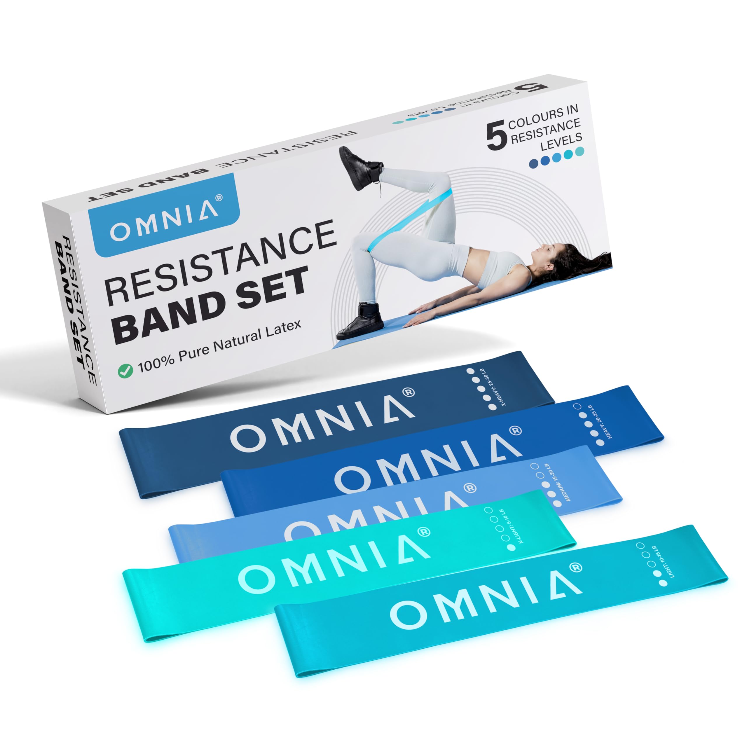 OMNIA Resistance Bands Set for Home Workouts – Durable Exercise Bands for Strength Training, Yoga, Pilates, Physio – 5 Resistance Levels – Unisex Fitness Bands (Blue)