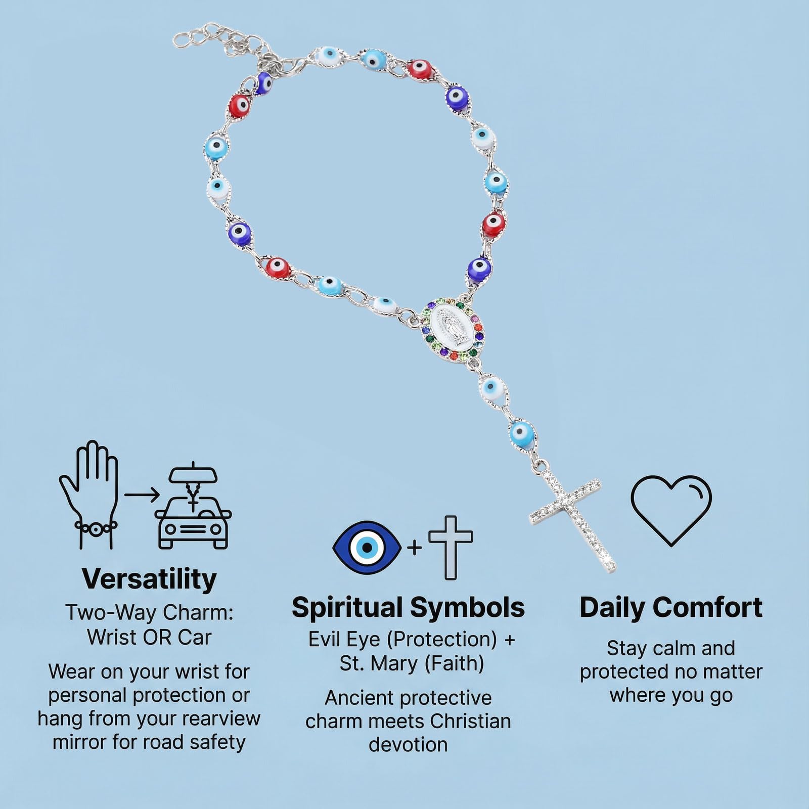 Car Rosary for Rearview Mirror Silver Evil Eye Rearview Mirror Auto Rosary Beads Car Medal and Cross Hanging — view 7