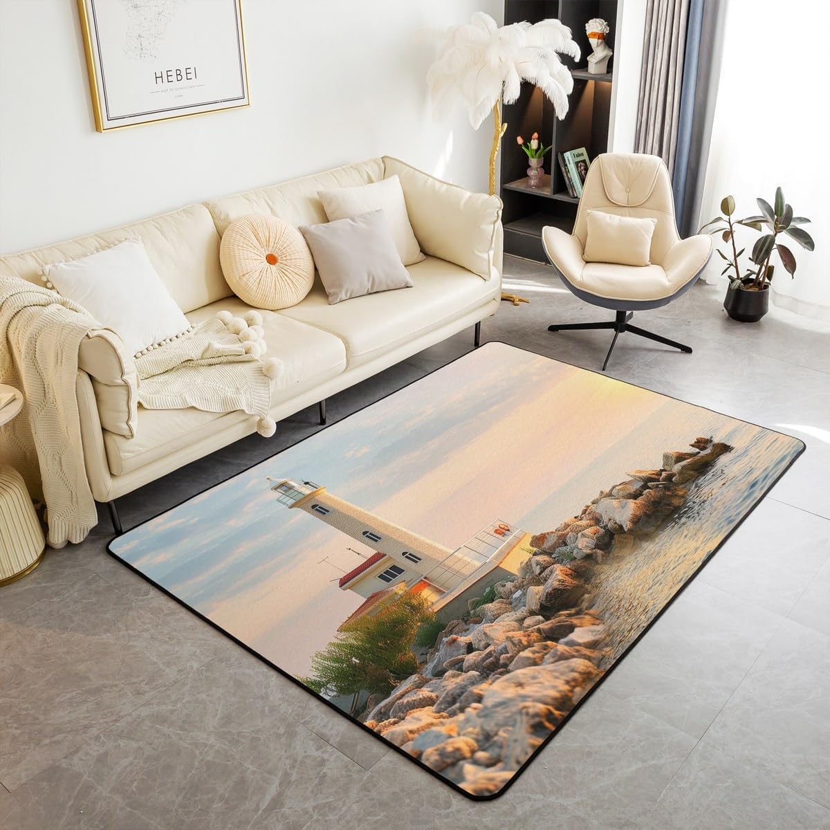 Erosebridal Lighthouse Carpet 5x7,Ocean Sunset Washable Area Rug,Coastal Nature Theme Farmhouse Style Decorative Accent Rug for Kids Boys Girls Teens Bedroom Living Room Bedside Classroom Decor