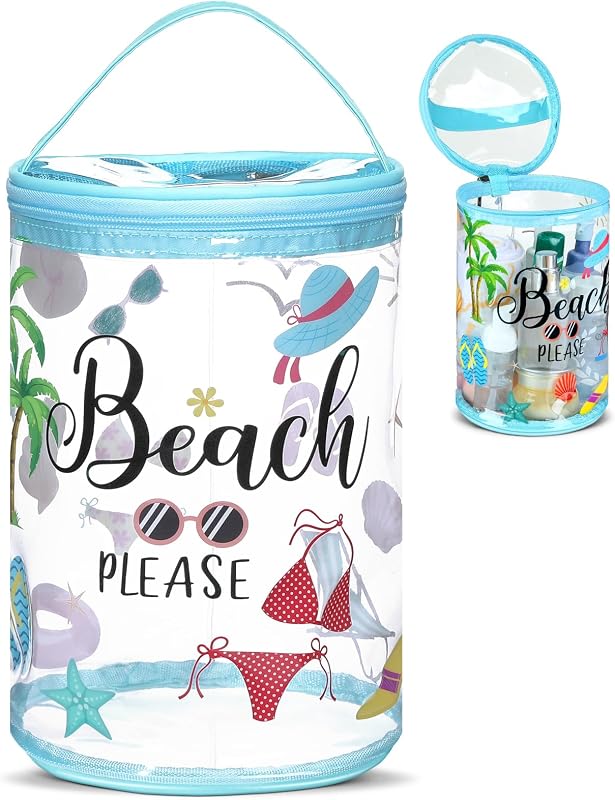 Sanwuta Necessaire cilíndrica transparente para viagem Beach Please, com zíper e alça