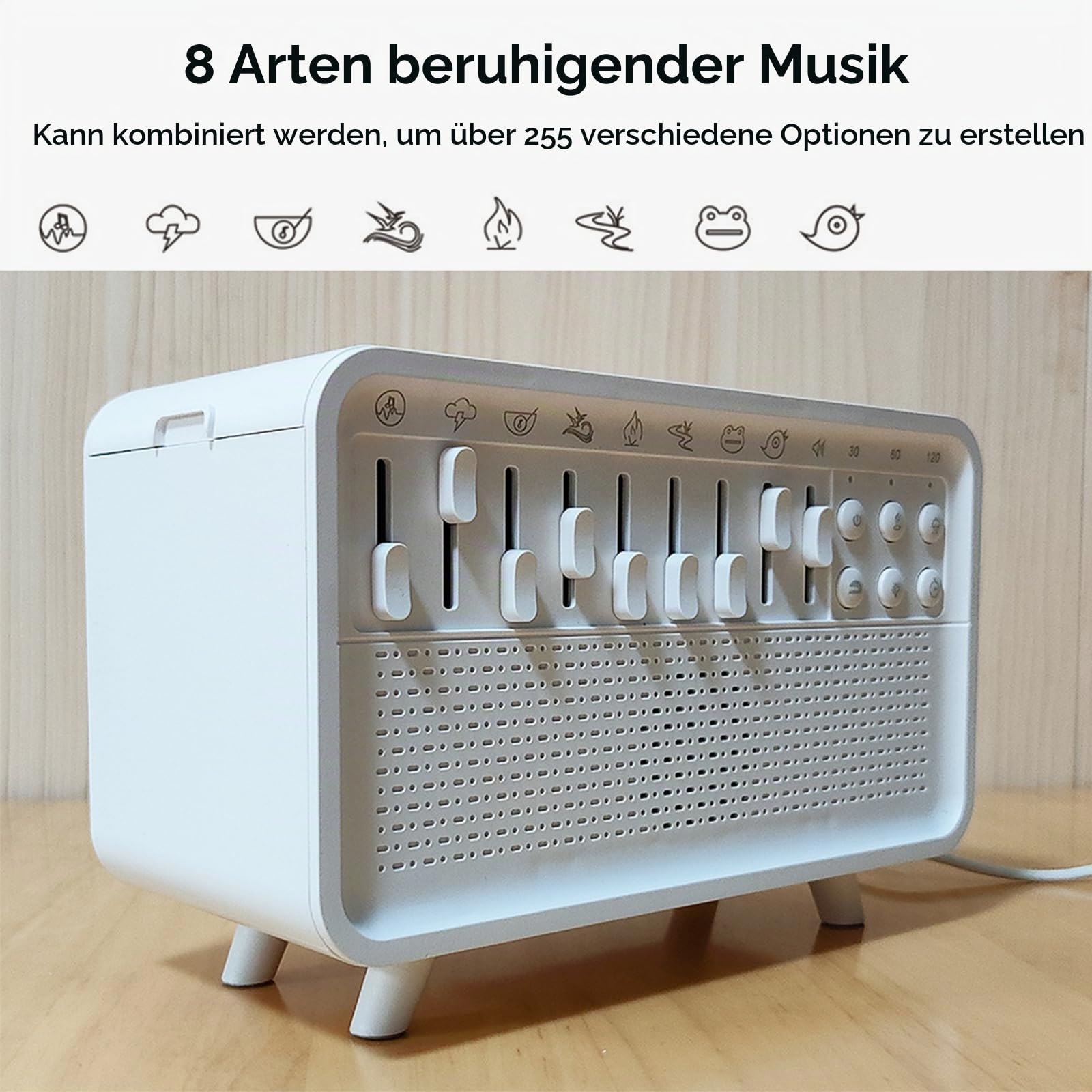 Weißes Geräusch-Maschine, tragbarer Schlaf-Timer für Kinder und Erwachsene, mit 8 Naturgeräuschen, Mixer-Optionen, Bluetooth-Lautsprecher, Nachtlicht, Flammenbefeuchter zum Schlafen