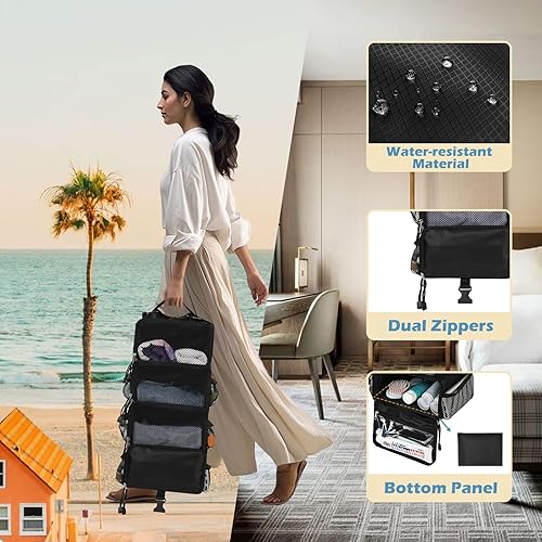 Miniatura 4 de Surblue Cubos de equipaje colgantes de viaje con 2 ganchos, estantes colgantes para organizadores de equipaje, compresión portátil de 4 estantes,