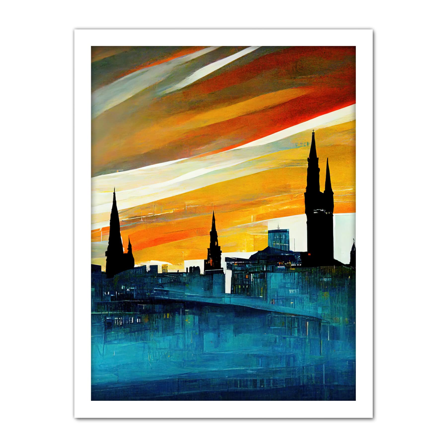 Doppelganger33 LTD Dramatic Glasgow City Skyline Modern Artwork Framed Wall Art Print 18X24 Inch
