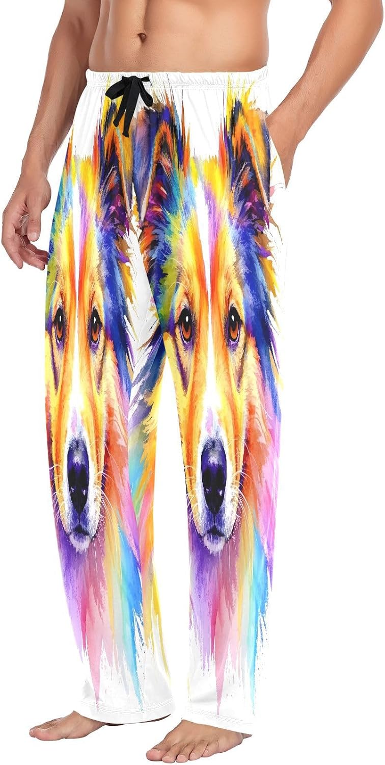 ALAZA Colorful Watercolor Dog Portrait Men's Pajama Pants Men Cotton Pajama Bottoms with Pockets, S