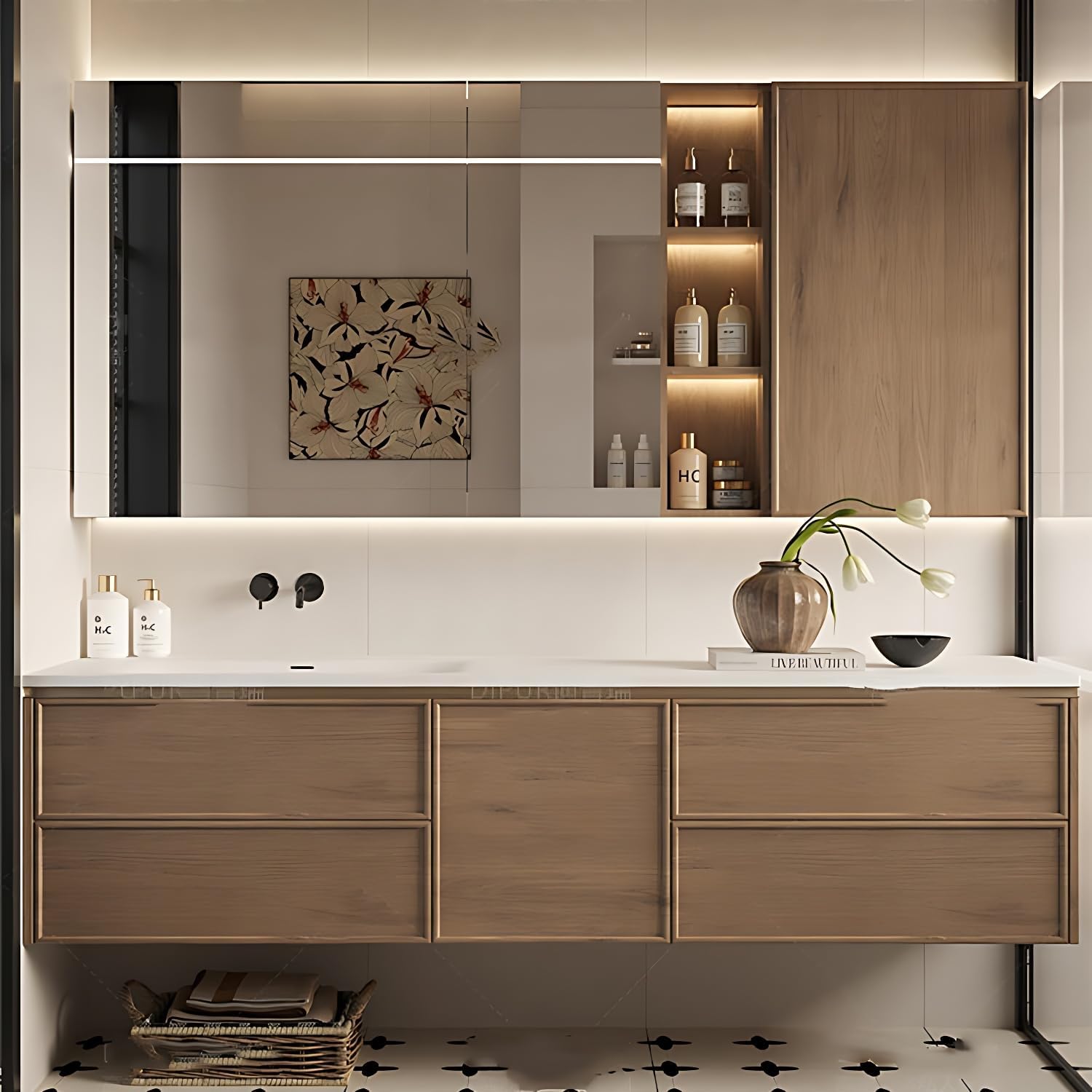 Floating Bathroom Vanity with Sink - Modern Bathroom Vanity - Includes LED Smart Defogging Medicine Cabinet & Drawer - Multi-Layer Solid Wood | Wall-Mounted