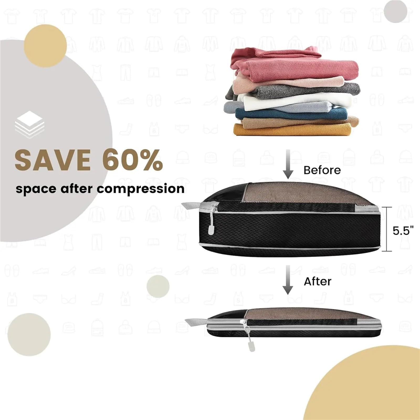 Organizer Valigia,Packing Cubes Set di 6 cubi da Viaggio compressi, Organizer for riporre Oggetti, con Borsa for Scarpe, in Rete, Portatile e Leggero.(Black)