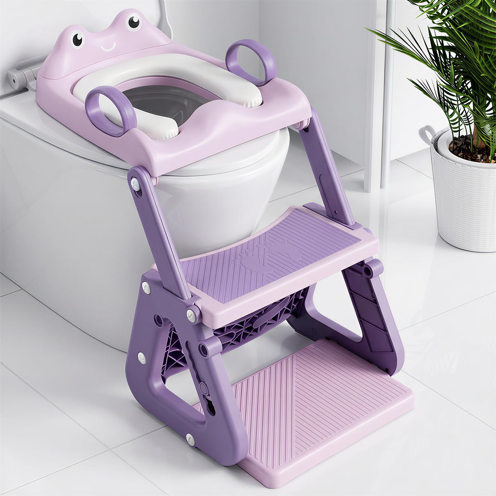 Riduttore Wc Bambini - Upgraded Riduttore Wc 2 in 1 - Struttura a Triangolo | Pedale Allargato | Paraspruzzi Estesi | Cuscino Morbido | Manico Allargato - Antiscivolo Pieghevole Leggero -Violaceo Rana