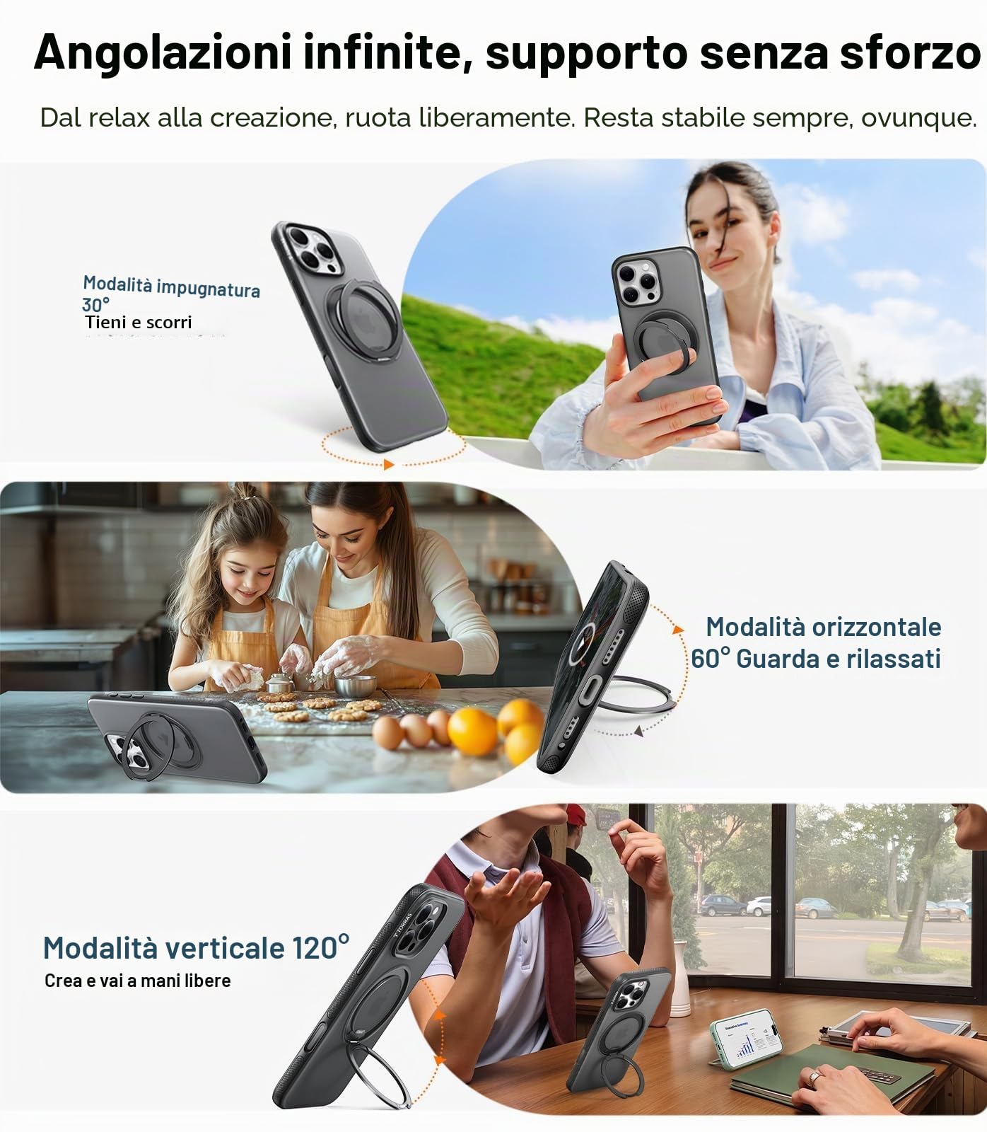 TORRAS Custodia Ostand R Fitness a 360° per iPhone 16 per MagSafe [supporto flessibile e n. 1 forza magnetica e protezione militare certificata] Custodia per iPhone 16 Case Nero