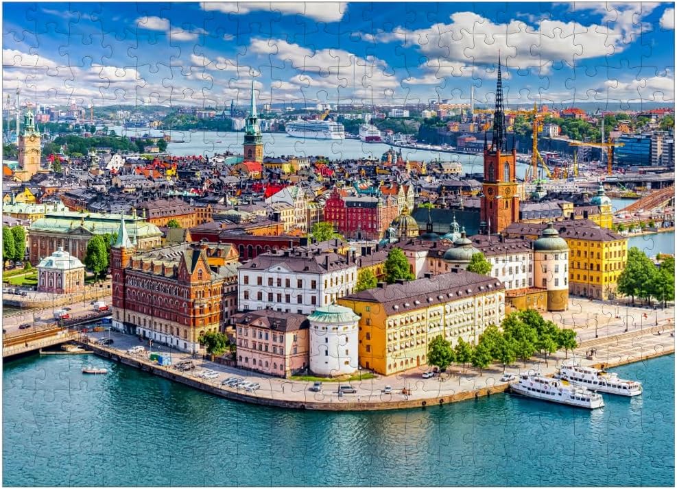 MyPuzzle Stockholm Old Town (Gamla Stan) Cityscape from City Hall Square, Sweden - Premium 1000 Piece Jigsaw Puzzle for Adults