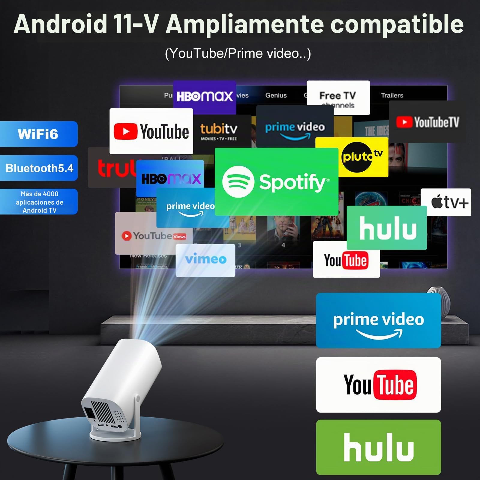 Proyector Portatil 4K Full HD 1080P, Proyector 4K con WiFi 6 y Bluetooth 5.4, con corrección Trapezoidal automática, rotación de 180°, Compatible con HDMI/TV Stick/PC/Memory Stick